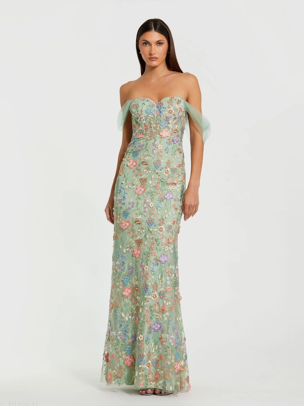 Mac Duggal 68809 Sage Multicolor Strapless Floral Embroidered Evening Gown